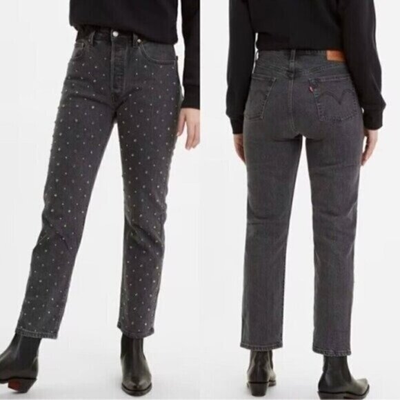 NWT Levis 501 Jeans Size 27 High Rise Crystal Studded Straight Leg Cropped - Picture 1 of 9
